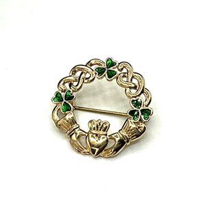 Gold-Tone Irish Claddagh Brooch With Celtic Knot Design and Green Enamel Shamroc